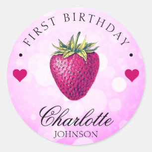 Strawberry Hearts Birthday Girl Pink Classic Round Sticker