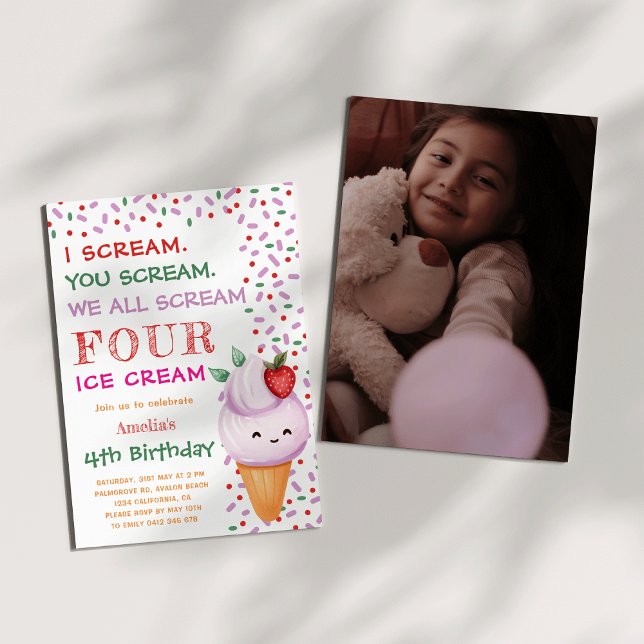 Strawberry Ice Cream Cone 4th photo Birthday Party Invitation (Strawberry Ice Cream Cone 4th photo Birthday Party Invitation)