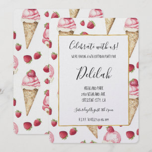 Strawberry Ice Cream Cones Birthday Invitation