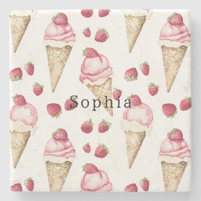 Strawberry Ice Cream Cones Stone Coaster (Front)