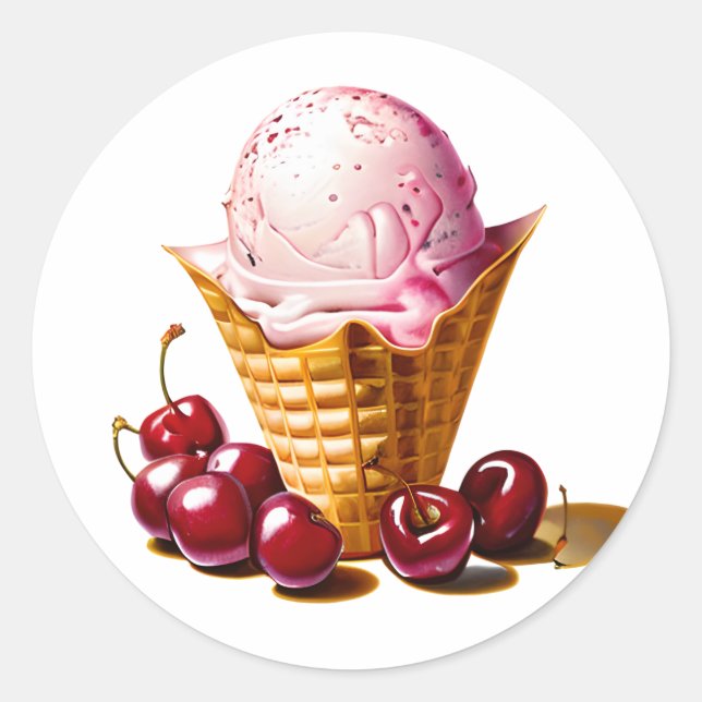 Strawberry Ice Cream in Cone with Cherries  Classic Round Sticker (Front)