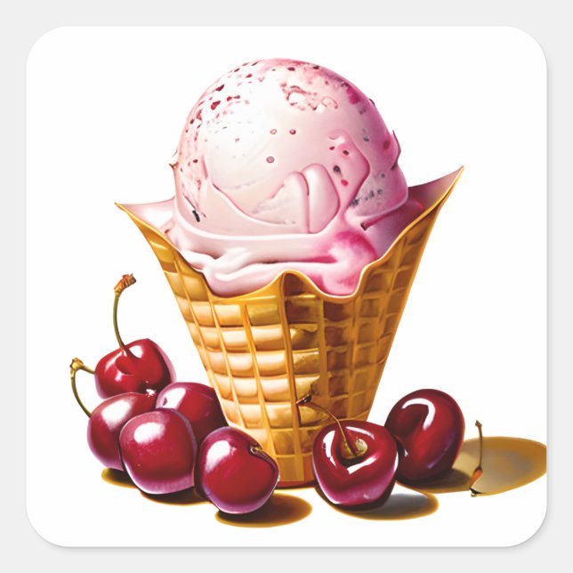 Strawberry Ice Cream in Cone with Cherries  Square Sticker (Front)