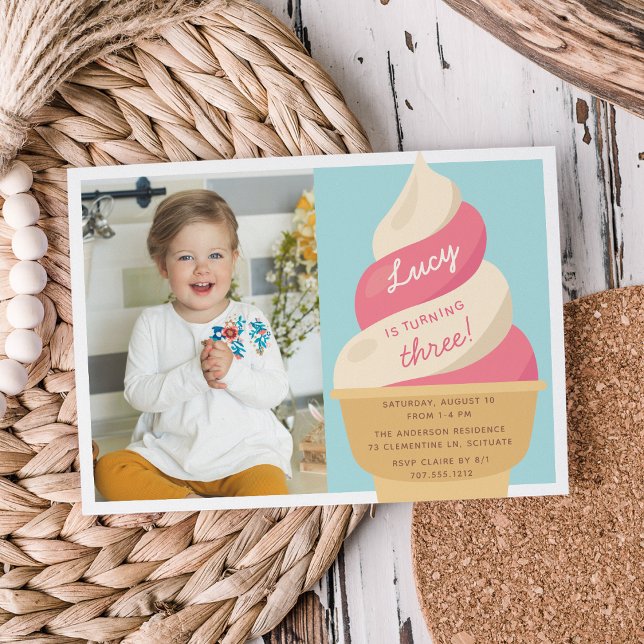 Strawberry Ice Cream Kids Birthday Party Photo Invitation (Creator Uploaded)