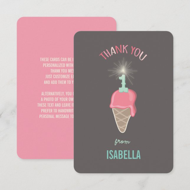 Strawberry Ice Cream Sparkler Girl's 1st Birthday Thank You Card (Front/Back)