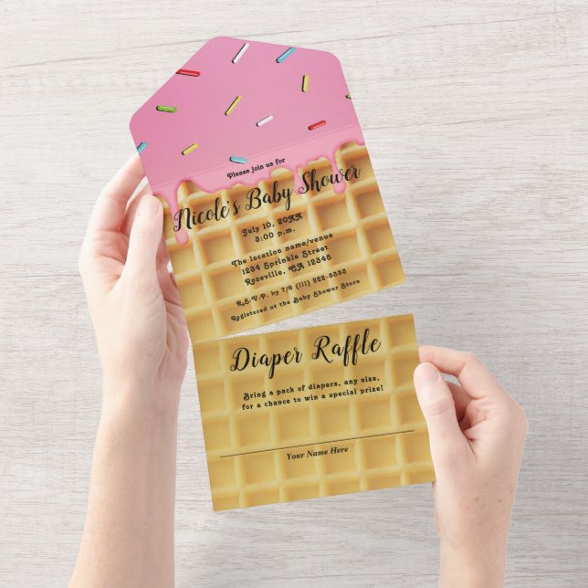 Strawberry Ice Cream Waffle Cone Birthday All In One Invitation (Tearaway)