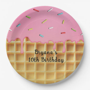 Strawberry Ice Cream Waffle Cone Birthday Paper Plate