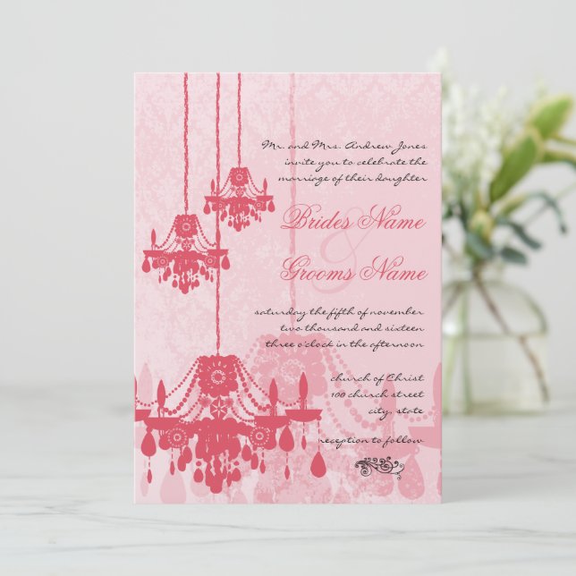 Strawberry Ice Pink Chandelier Damask Wedding Invitation (Standing Front)