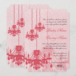 Strawberry Ice Pink Chandelier Damask Wedding Invitation