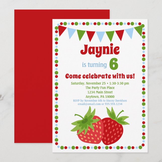 Strawberry Invitation Girls Birthday Party (Front/Back)
