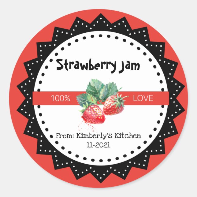 Strawberry Jam Made With Love Rustic Modern Red  C Classic Round Sticker (Front)