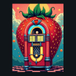 Strawberry Jukebox : Retro Surrealism Pop Art Poster<br><div class="desc">This poster transports you to a whimsical, dream-like landscape where a giant, glossy strawberry stands tall as a nostalgic jukebox. Found on a chequered floor beneath a warm, stylised sunset, this unique machine doesn't just play songs—it plays sweet, candy-coated tunes from happy memories and fantastical moments. What makes this piece...</div>