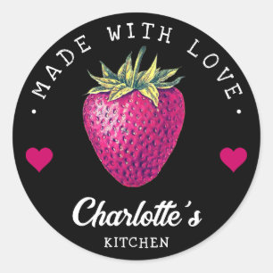 Strawberry Kitchen Home Made With Love Black Classic Round Sticker
