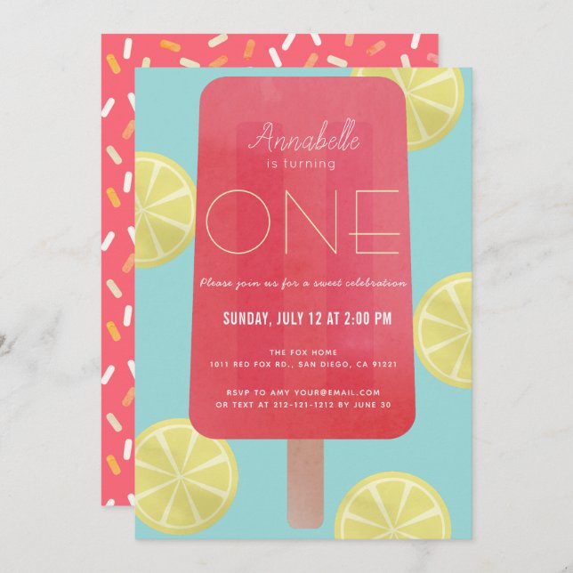 Strawberry Lemonade Popsicle Girl 1st Birthday Invitation (Front/Back)