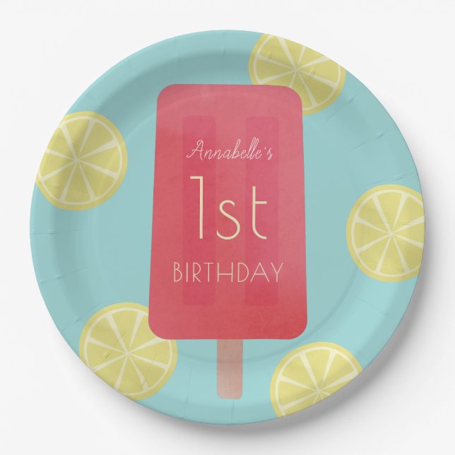 Strawberry Lemonade Popsicle Girl Birthday Paper Plate (Front)