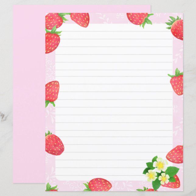 Strawberry Lined Pink Stationery Paper (Front/Back)