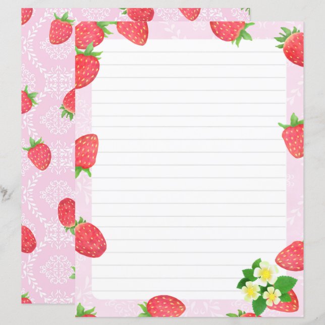 Strawberry Lined Pink Stationery Paper (Front/Back)