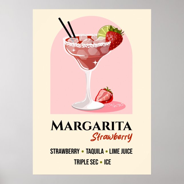 Strawberry Margarita with Salt Rim Recipe Art Poster (Front)