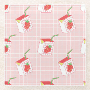 Strawberry Milk Cartoons: Playful Patterns Glass Coaster