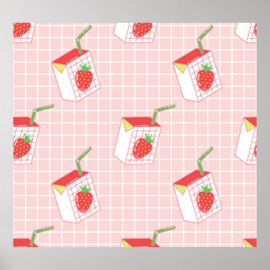 Strawberry Milk Cartoons: Playful Patterns Poster