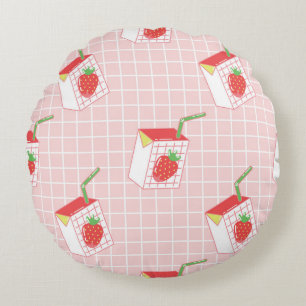 Strawberry Milk Cartoons: Playful Patterns Round Cushion
