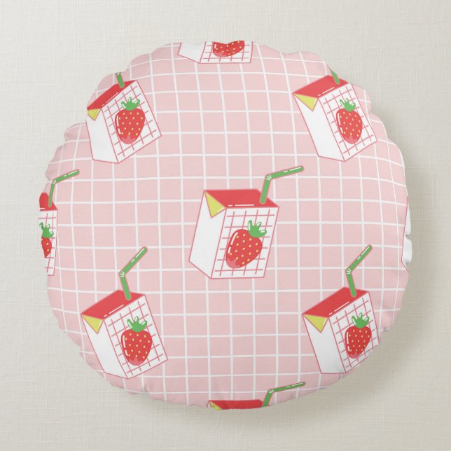 Strawberry Milk Cartoons: Playful Patterns Round Cushion (Front)