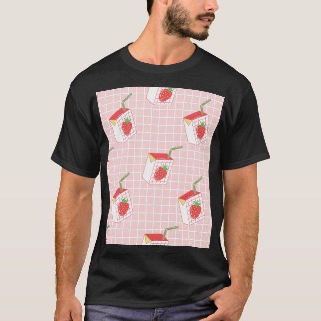 Strawberry Milk Cartoons: Playful Patterns T-Shirt (Front)