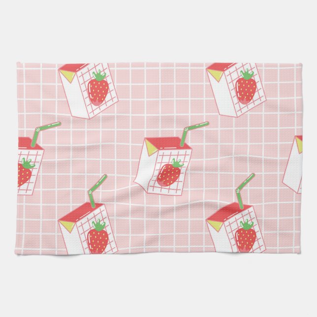 Strawberry Milk Cartoons: Playful Patterns Tea Towel (Horizontal)
