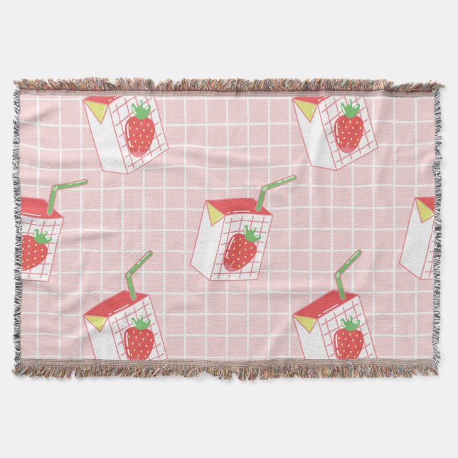 Strawberry Milk Cartoons: Playful Patterns Throw Blanket (Front)