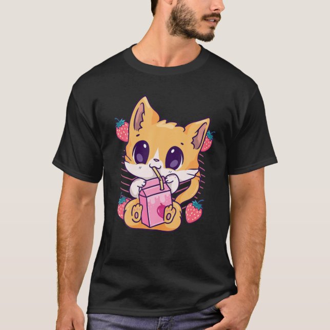 Strawberry Milk Cat Cute Kawaii Kitten Anime Neko T-Shirt (Front)