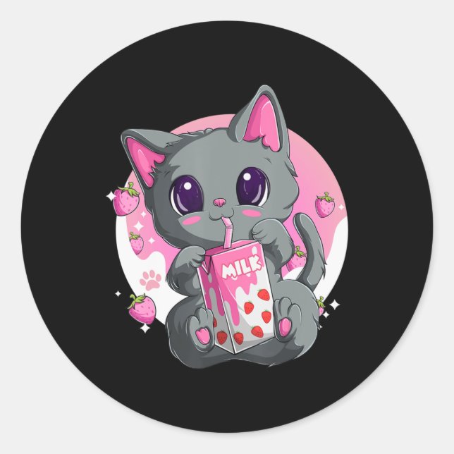 Strawberry Milk  For Women Girls Kawaii Anime Cat  Classic Round Sticker (Front)