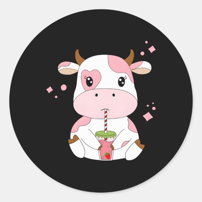Strawberry Milk Kawaii Aesthetic K Cow Print Classic Round Sticker (Front)