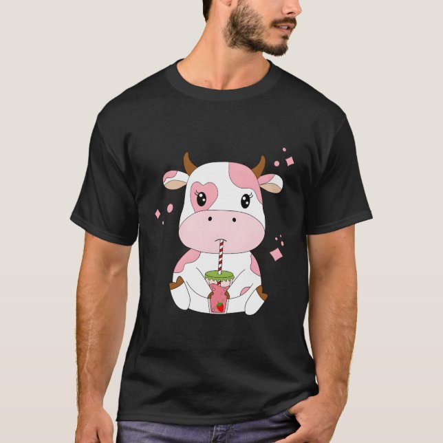 Strawberry Milk Kawaii Aesthetic K Cow Print T-Shirt (Front)