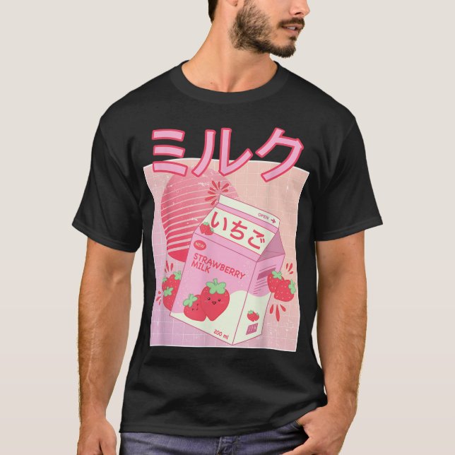 Strawberry Milk Shake Carton Funny Retro 90s Japan T-Shirt (Front)