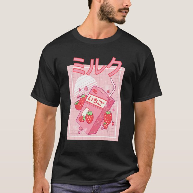 Strawberry Milk Shake Carton Pink  Japanese Retro  T-Shirt (Front)