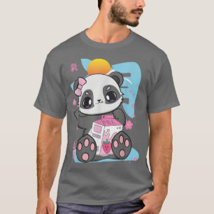 Strawberry Milk Tea Panda Drinking Boba Cup Sakura T-Shirt