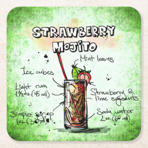 Strawberry Mojito Drink Recipe Square Paper Coaster