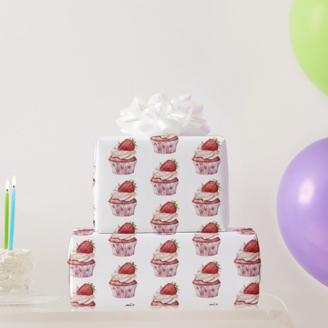 Strawberry Muffin Cake Ladybugs Birthday Wrapping Paper (Party Gifts)