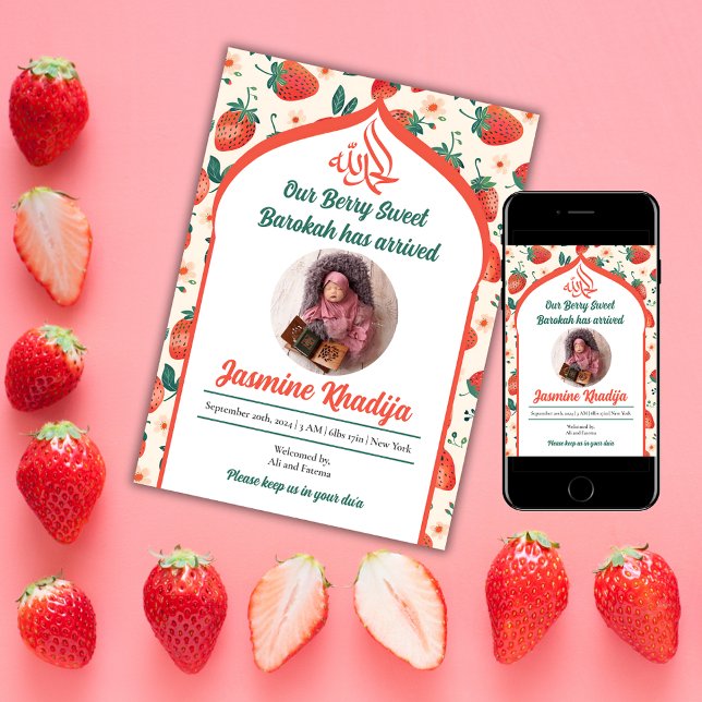 Strawberry Muslim Baby Girl Birth Announcement (Creator Uploaded)