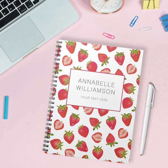 Strawberry Name Notebook (Cute strawberry notebook with personalized text options; add your name, subject or choice of text)