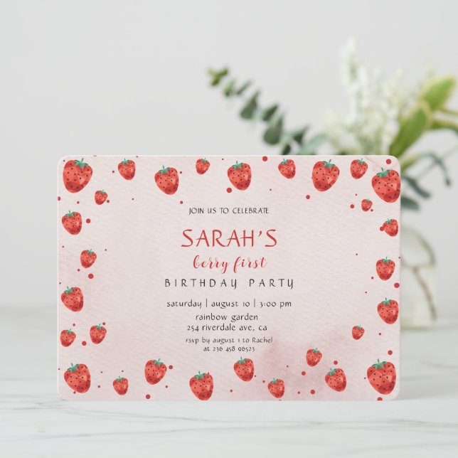 Strawberry One Birthday Invitation (Standing Front)