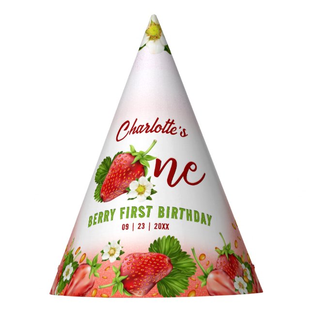 Strawberry ONE First Birthday Party Party Hat (Front)