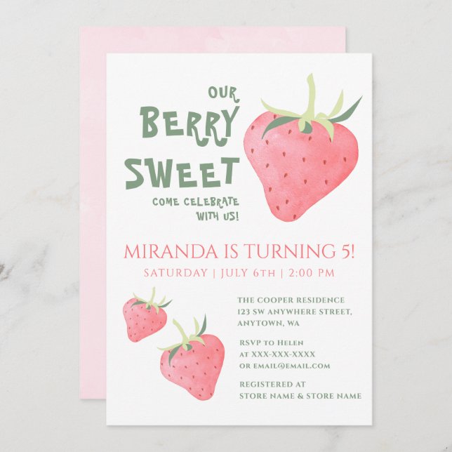 Strawberry OUR BERRY SWEET Birthday Party Invitation (Front/Back)