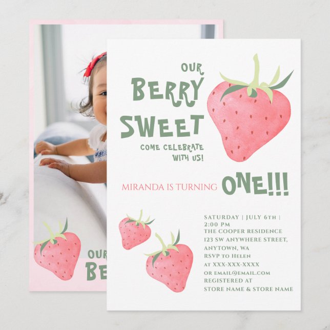 Strawberry OUR BERRY SWEET First Birthday Invitation (Front/Back)