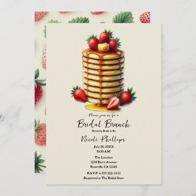 Strawberry Pancakes Stack Bridal Brunch Shower Invitation (Front/Back)