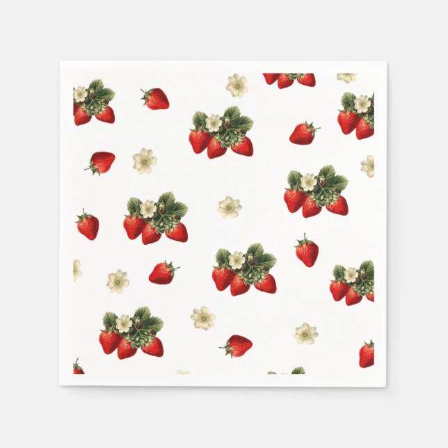 Strawberry paper napkins with blossoms on white (Front)