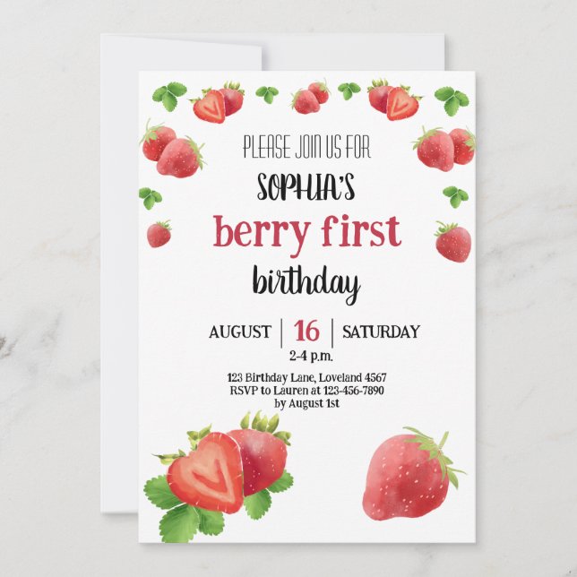 Strawberry Party 1st Birthday Berry Sweet Invitation (Front)