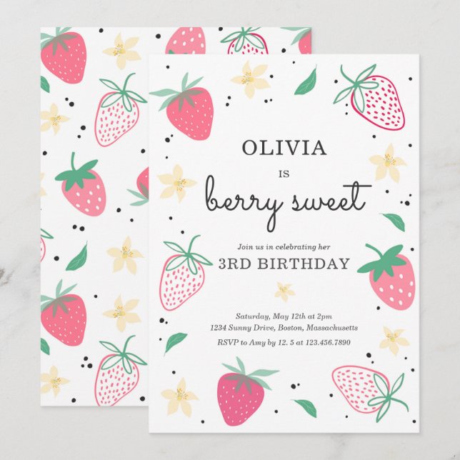 Strawberry Party Berry Sweet Strawberry Birthday Invitation (Front/Back)