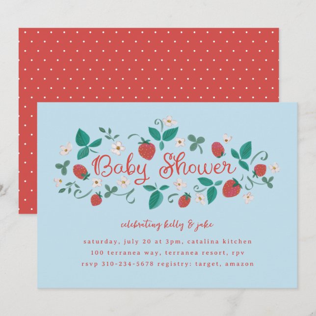 Strawberry Patch Sky Blue Baby Shower Invitation (Front/Back)