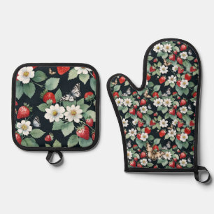 Strawberry Patch with Flowers and Butterflies Oven Mitt & Pot Holder Set