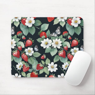 Strawberry Patch with Flowers & Butterflies Black Mouse Mat